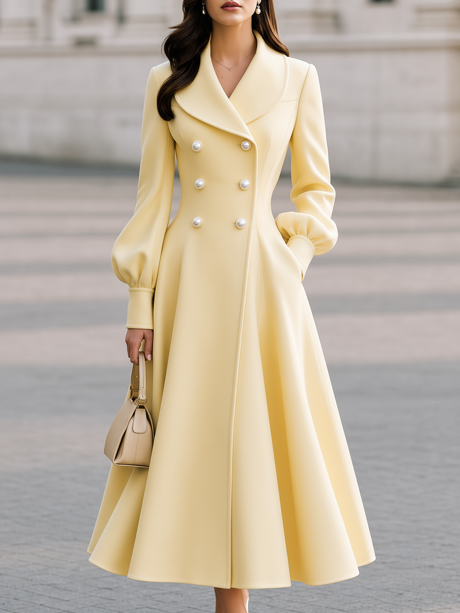 Elegant Double-Breasted Lantern Sleeve Long Coat Dress