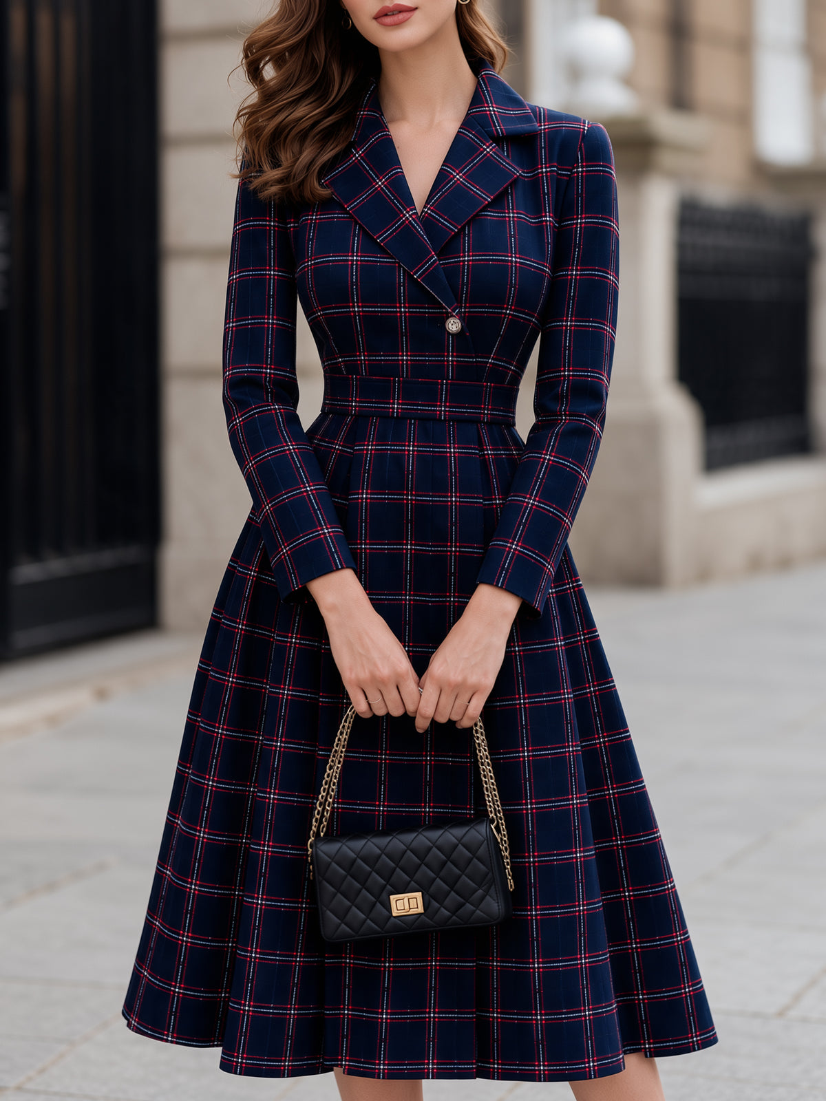 Elegant Plaid Lapel Belted A-Line Midi Dress