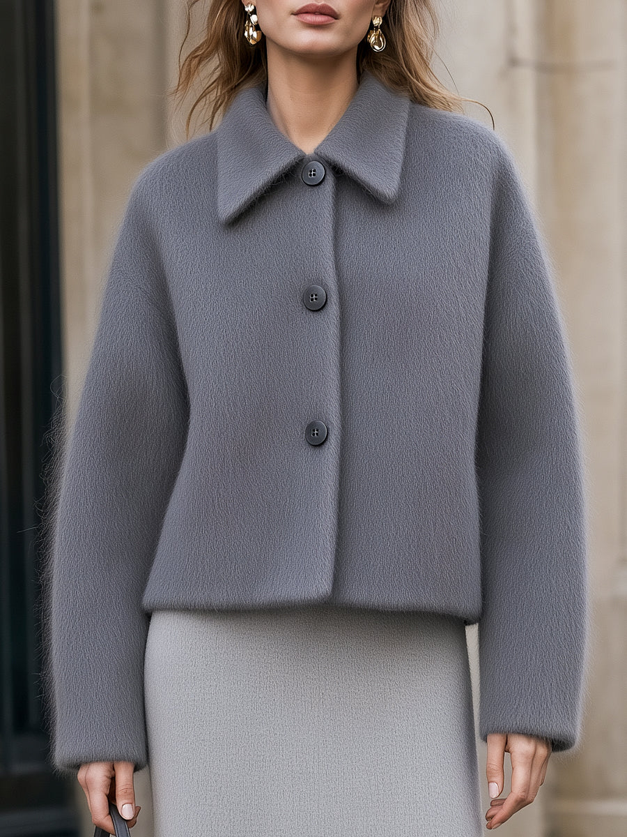 Notched Lapel Button-Front Textured Short Coat