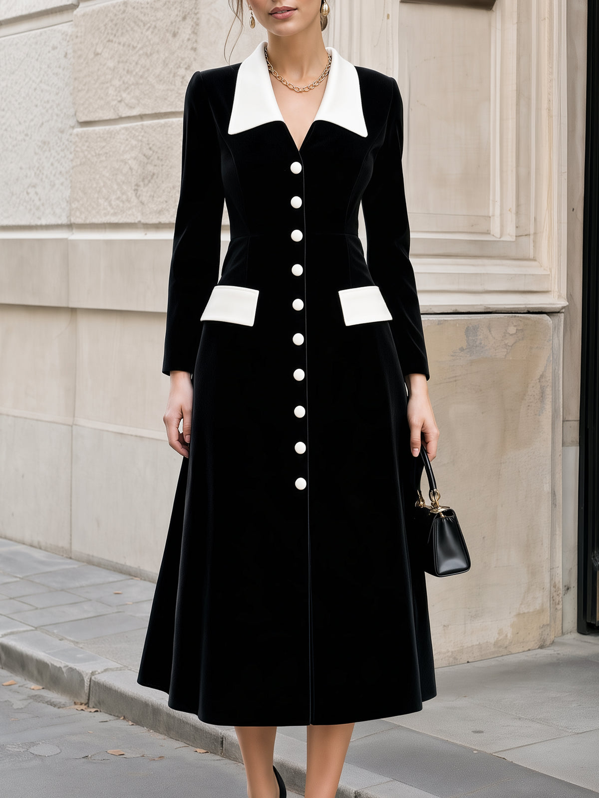 Contrast Lapel Button-Front Velvet Midi Dress
