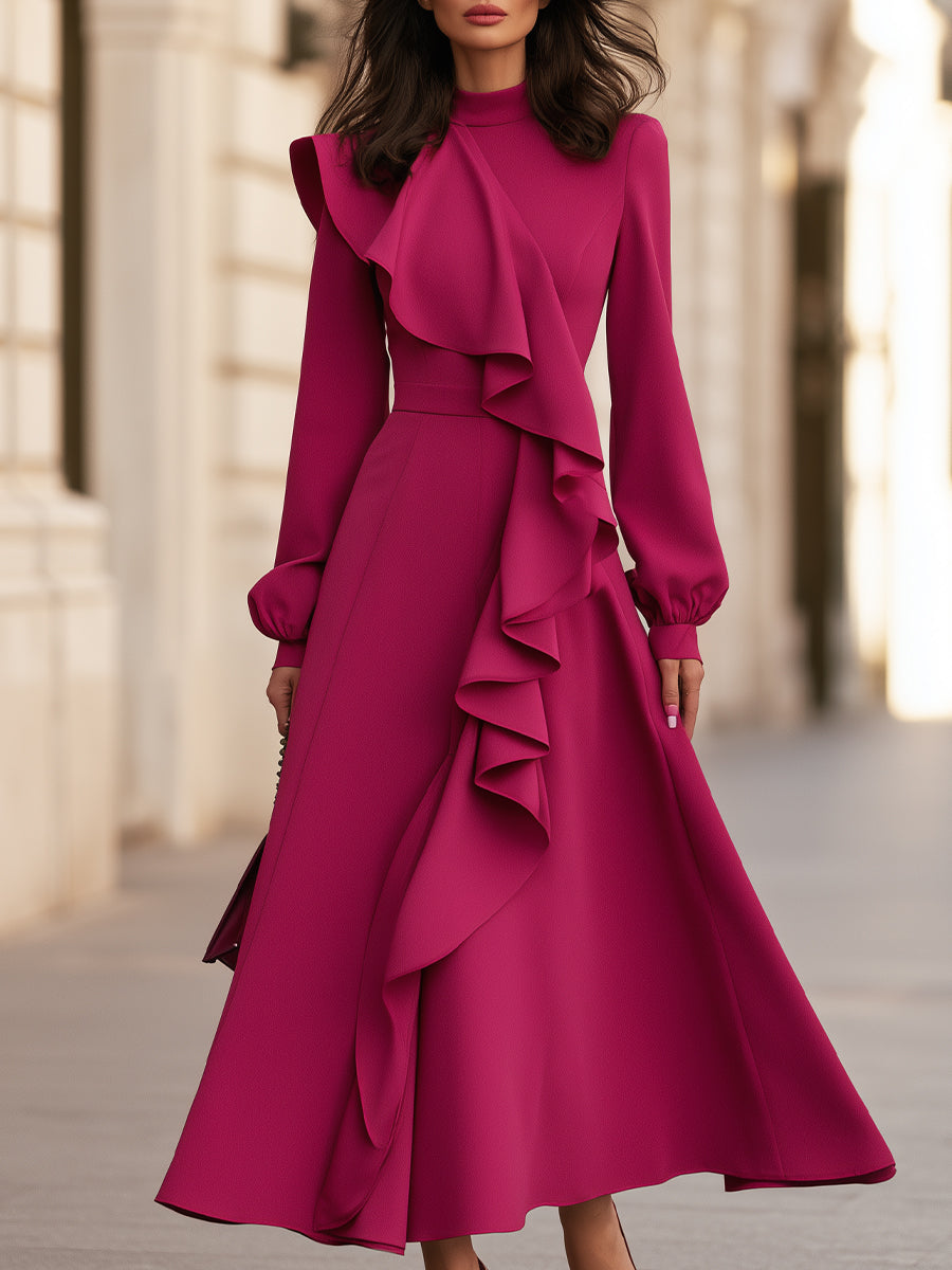 Elegant Ruffle Front Long Sleeve Maxi Dress