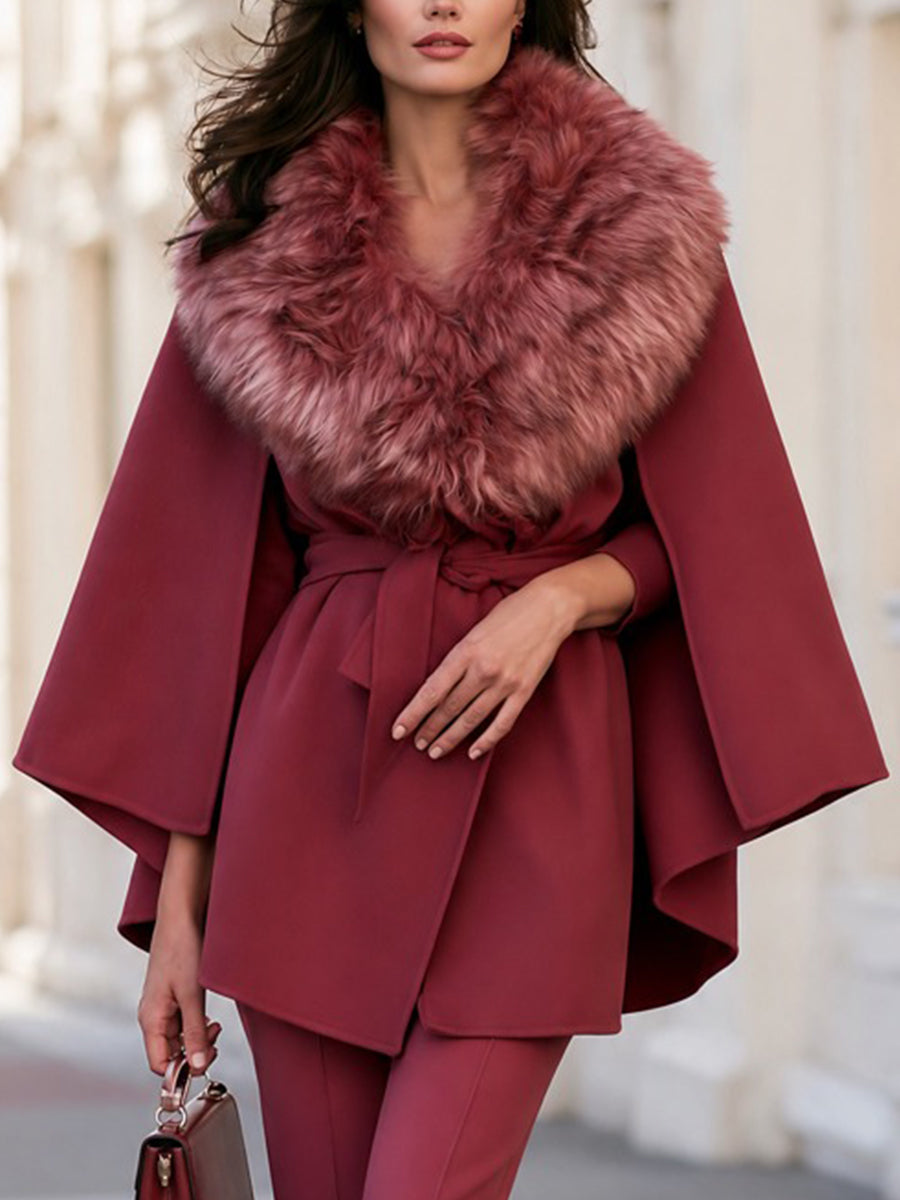 Belted Cape Jacket With Plush Shawl Collar