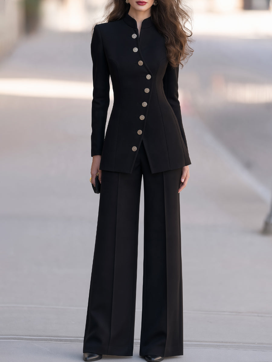 Women's Stand Collar Button-Up Blazer & Wide Leg Pants Two-Piece Suit