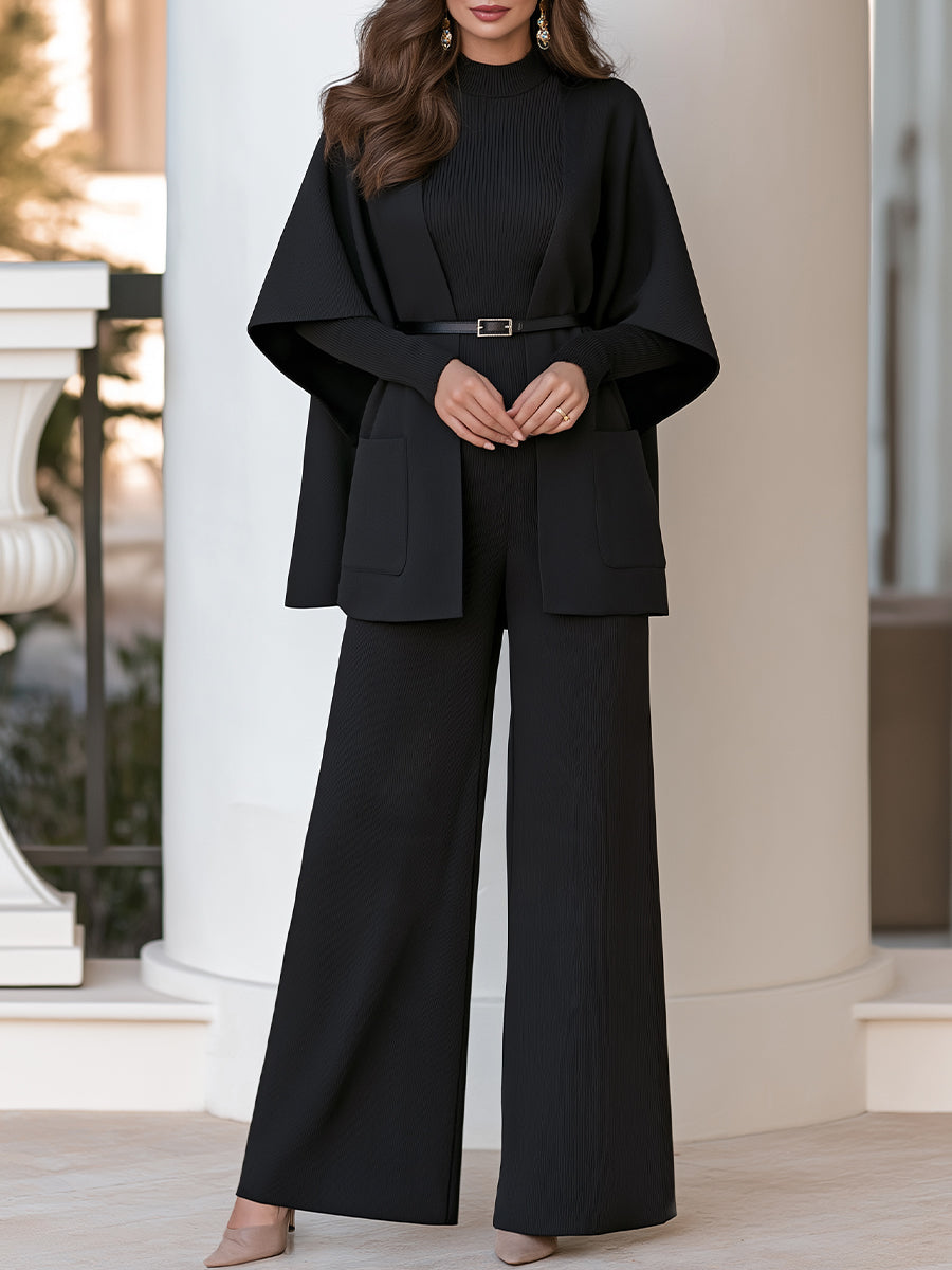 Ribbed Sweater Top Belted Cardigan And Wide Leg Pants Three-Piece Set