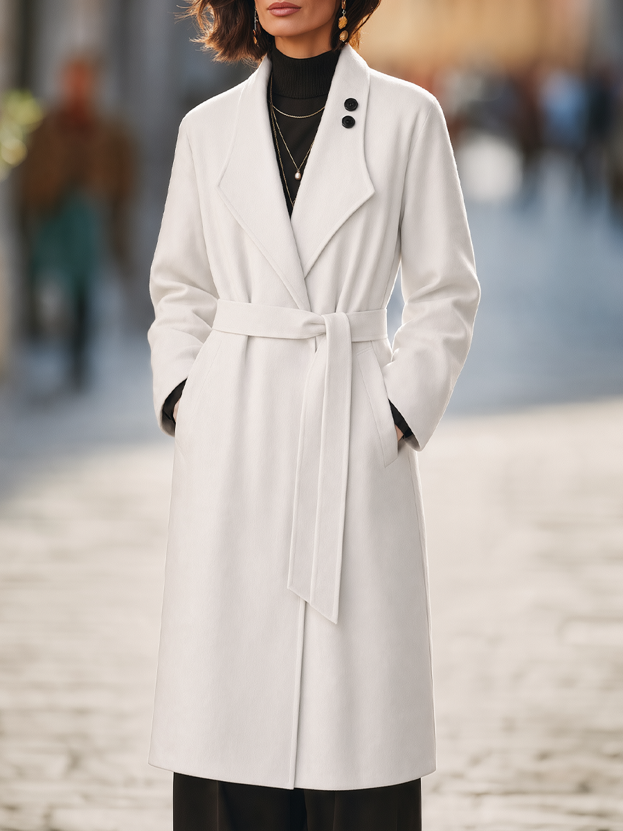 Notched Lapel Contrast Button Belted Longline Wool Wrap Coat