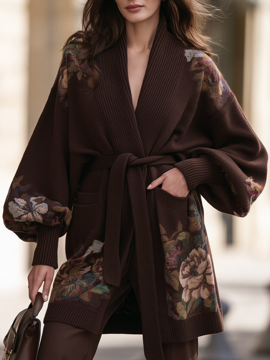 Floral Jacquard Belted Knit Cardigan Coat With Shawl Collar