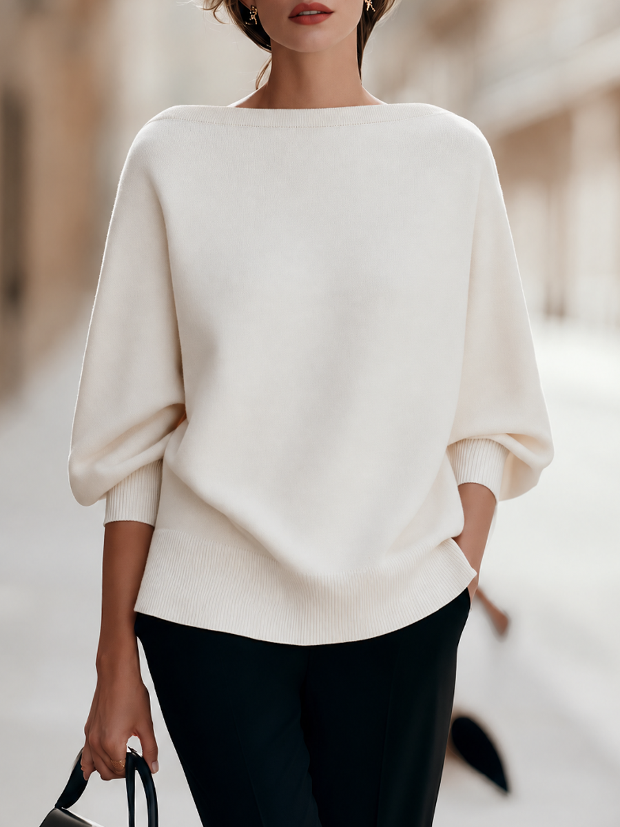 Boat Neck Batwing Sleeve Ribbed Trim Relaxed Knit Sweater With Side Slit Hem