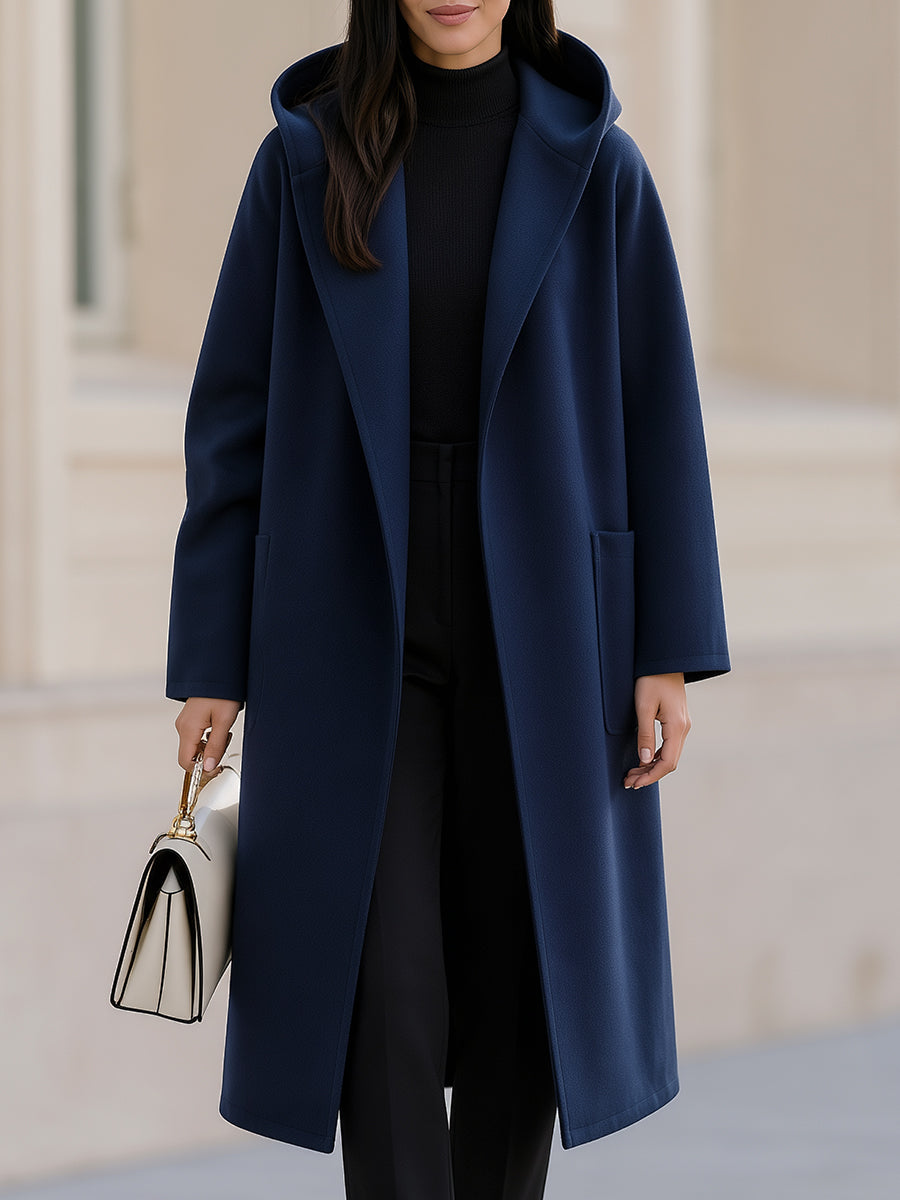 Women Hooded Open Front Wool Blend Long Oversized Overcoat