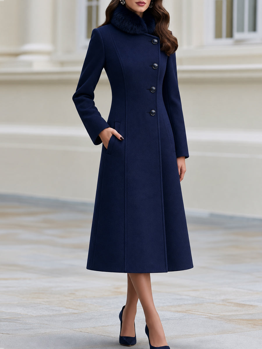 Faux Fur Collar Asymmetric Button Fit‑and‑Flare Wool‑Blend Long Coat