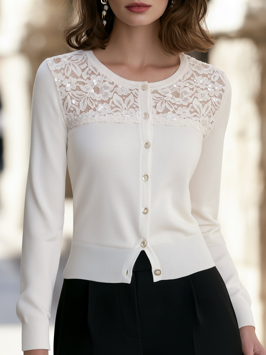 Sequin Lace Yoke Knit Cardigan