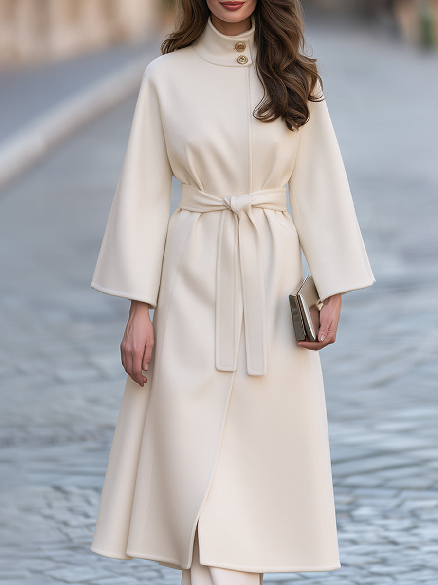 Ivory Belted Stand Collar A-Line Wool Coat