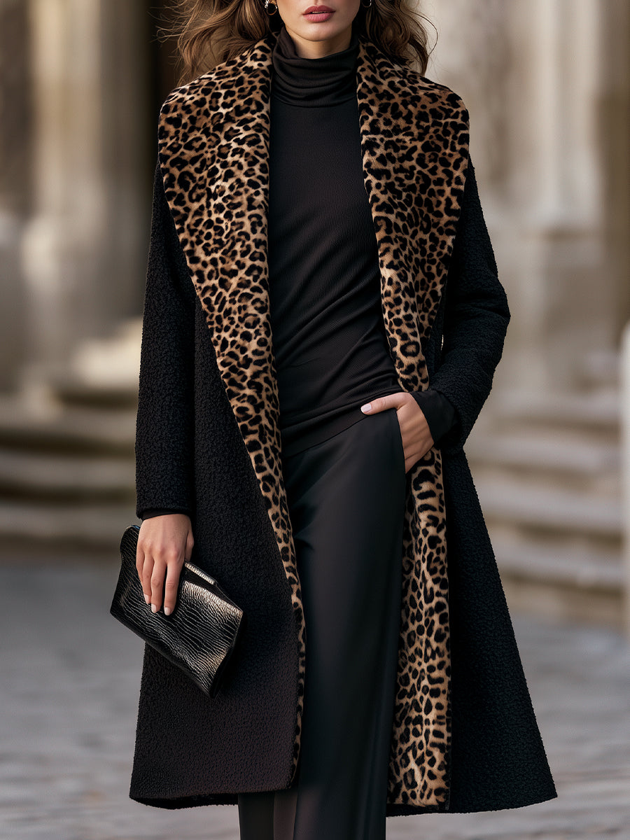 Faux Fur Leopard Collar Textured Long Coat