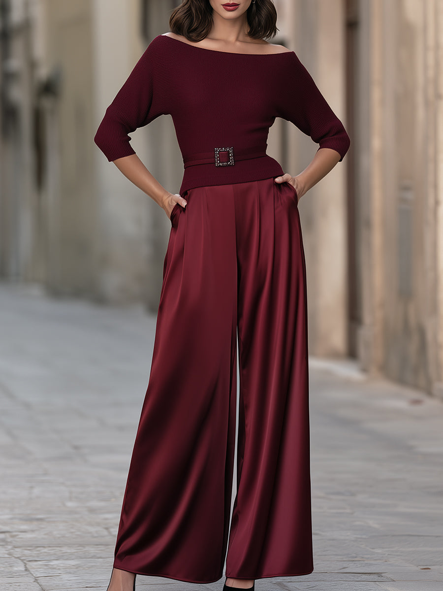 Boat-Neck Knit And Satin Pants Two-Piece Set