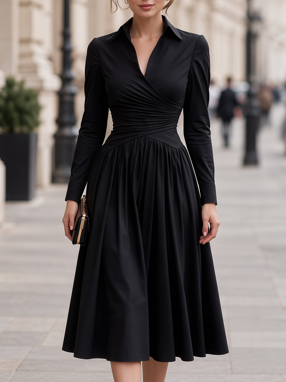 Elegant Wrap V-Neck Long Sleeve A-Line Midi Dress