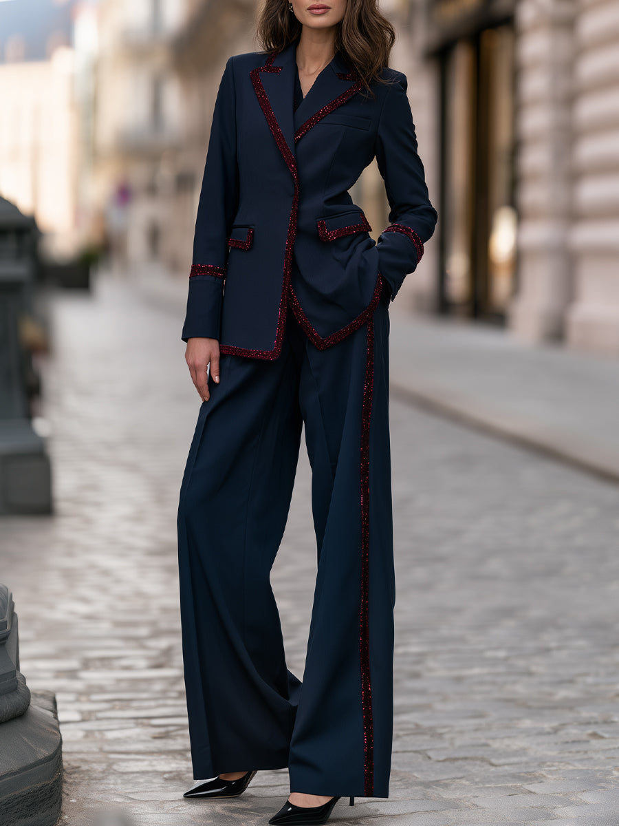 Sequin Trim Blazer & Wide Leg Pants Two-Piece Suit Set