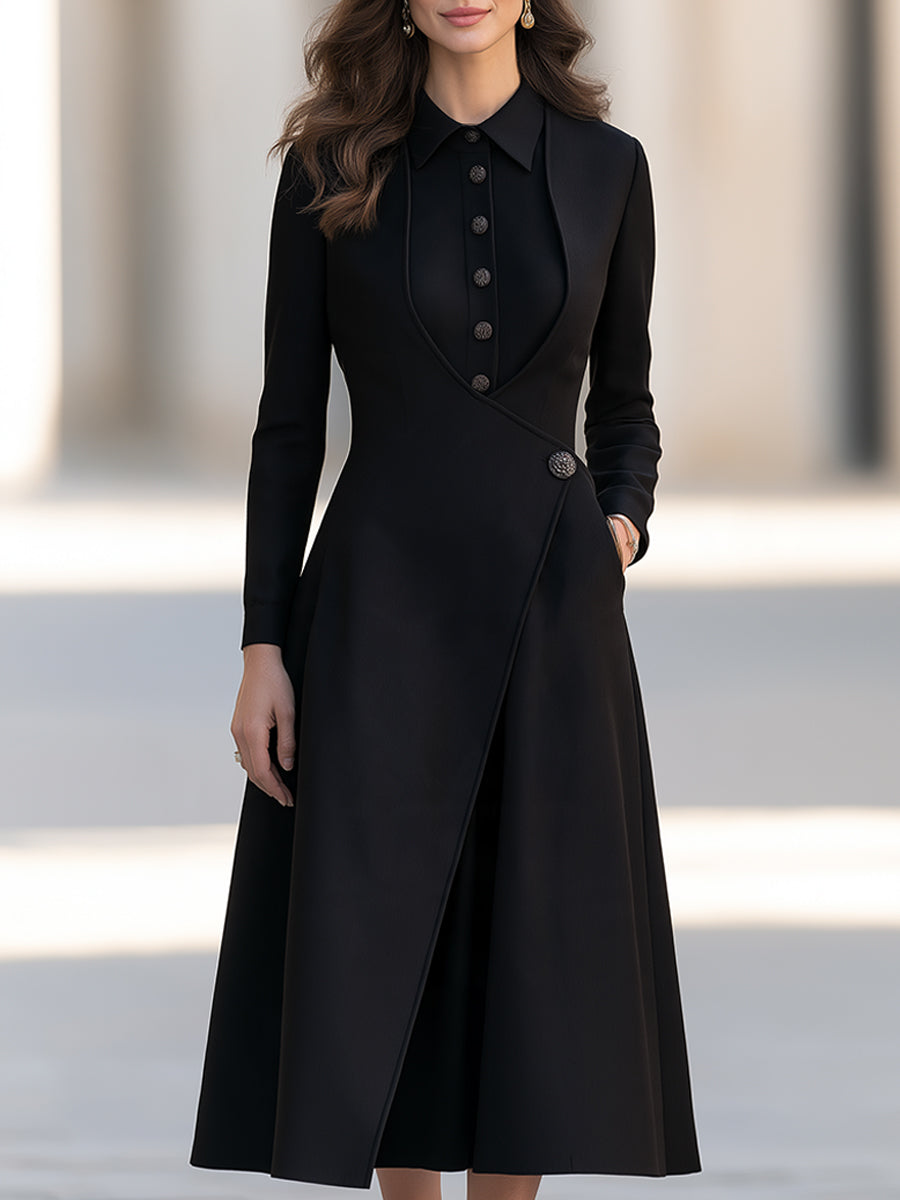 Black Layered Sleeveless Long Vest & Long-Sleeve Shirt Dress Set