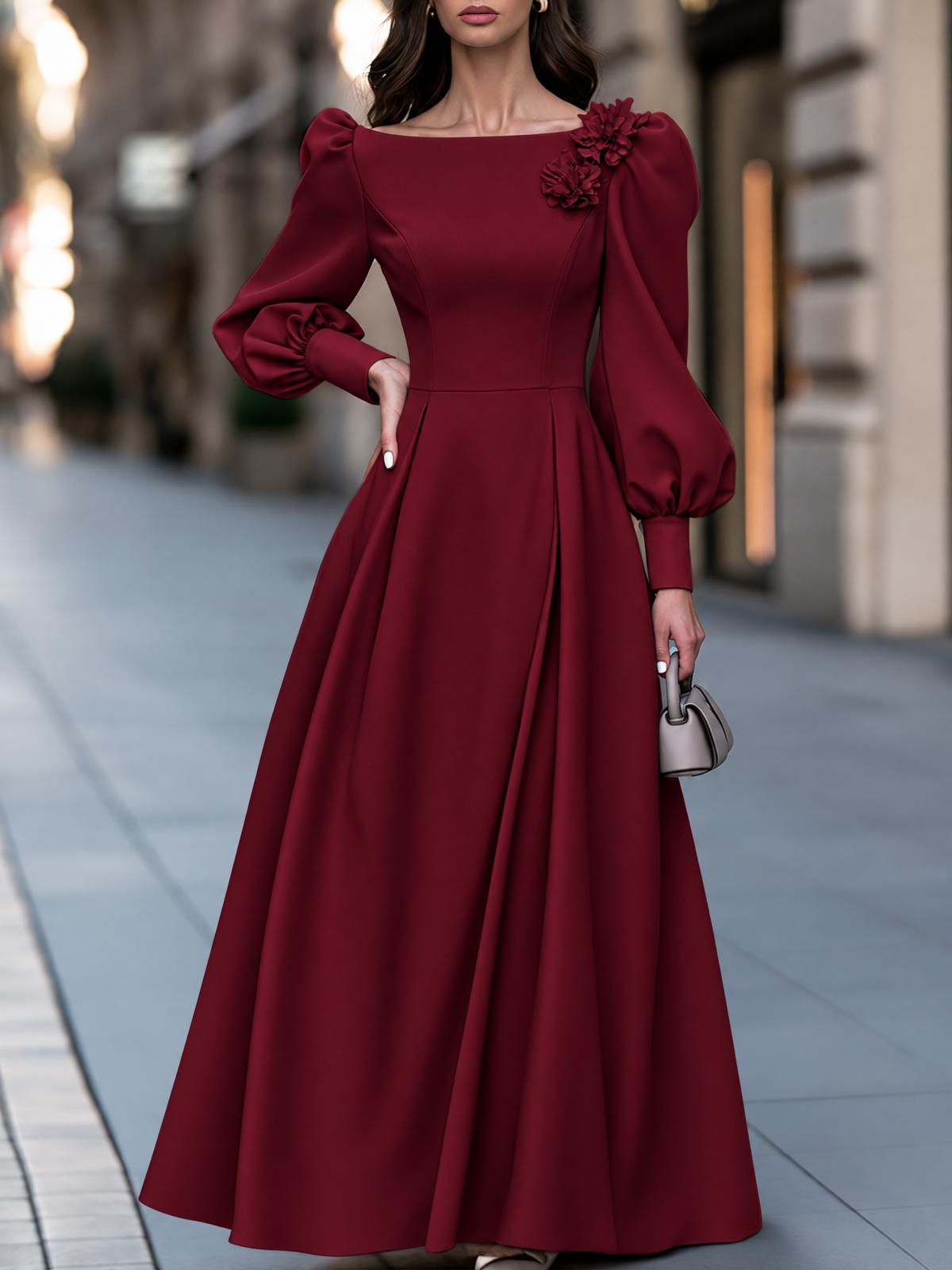 Elegant Puff Sleeve Square Neck Maxi Dress with Floral Applique