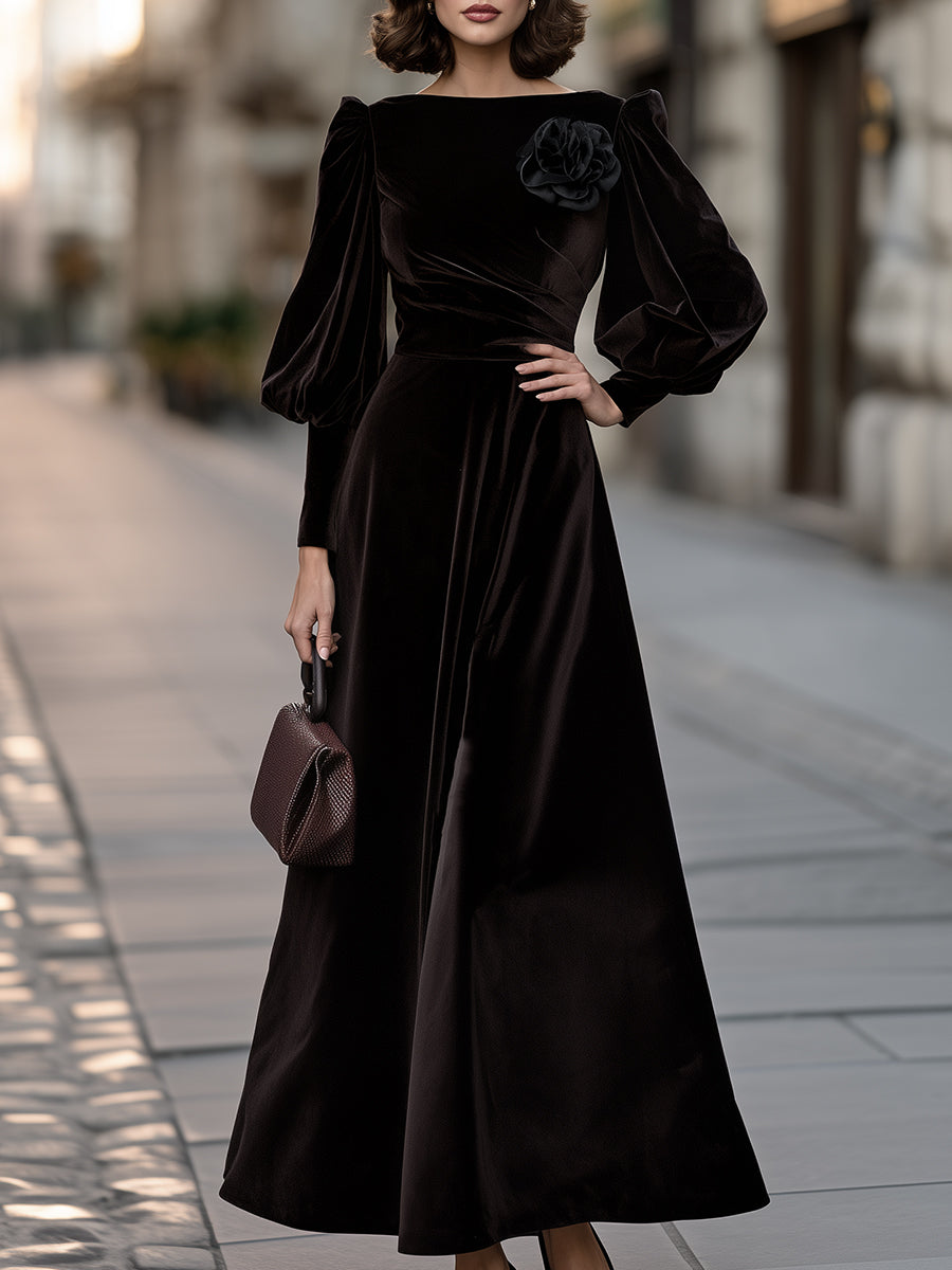 Floral Appliqué Boat-Neck Puff-Sleeve Velvet Maxi Dress