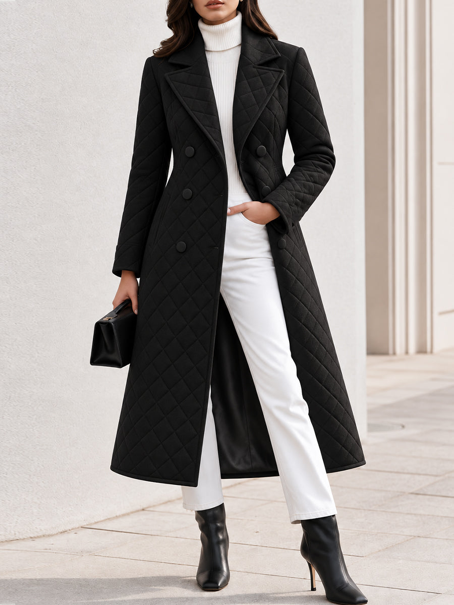 Notched Lapel Double‑Breasted Diamond‑Quilted Long Coat