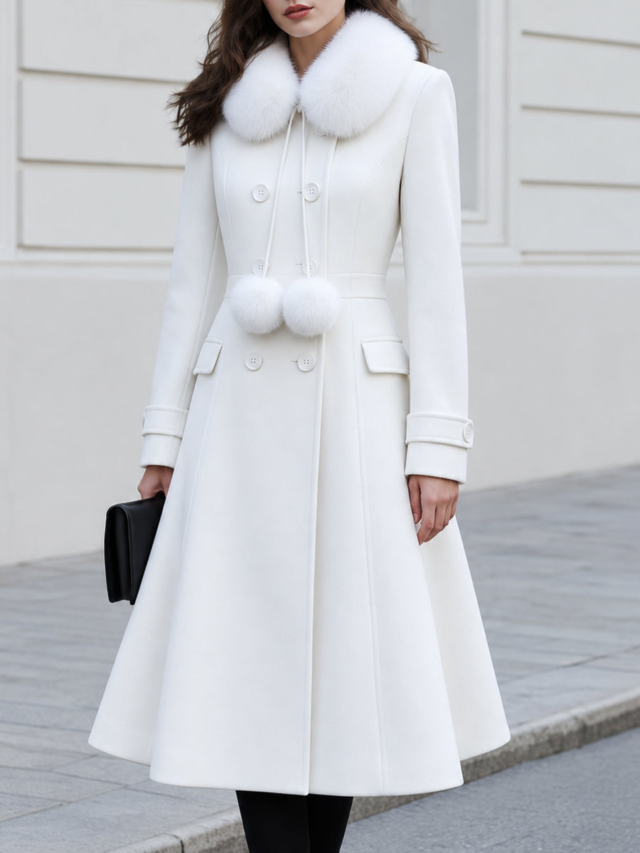Faux Fur Collar Double‑Breasted Fit‑and‑Flare Wool Blend Long Coat