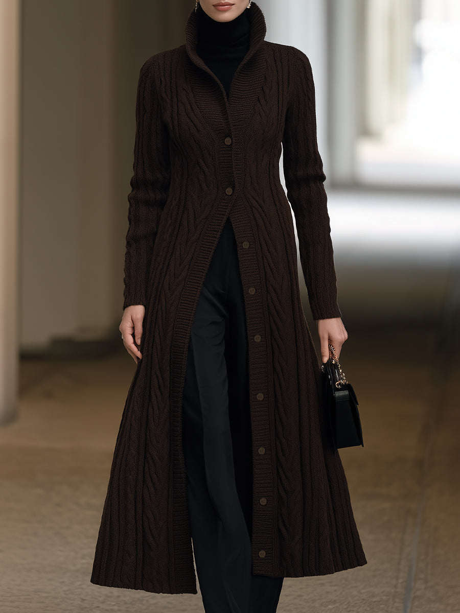 Cable-Knit High-Neck Button-Front Longline Cardigan Coat