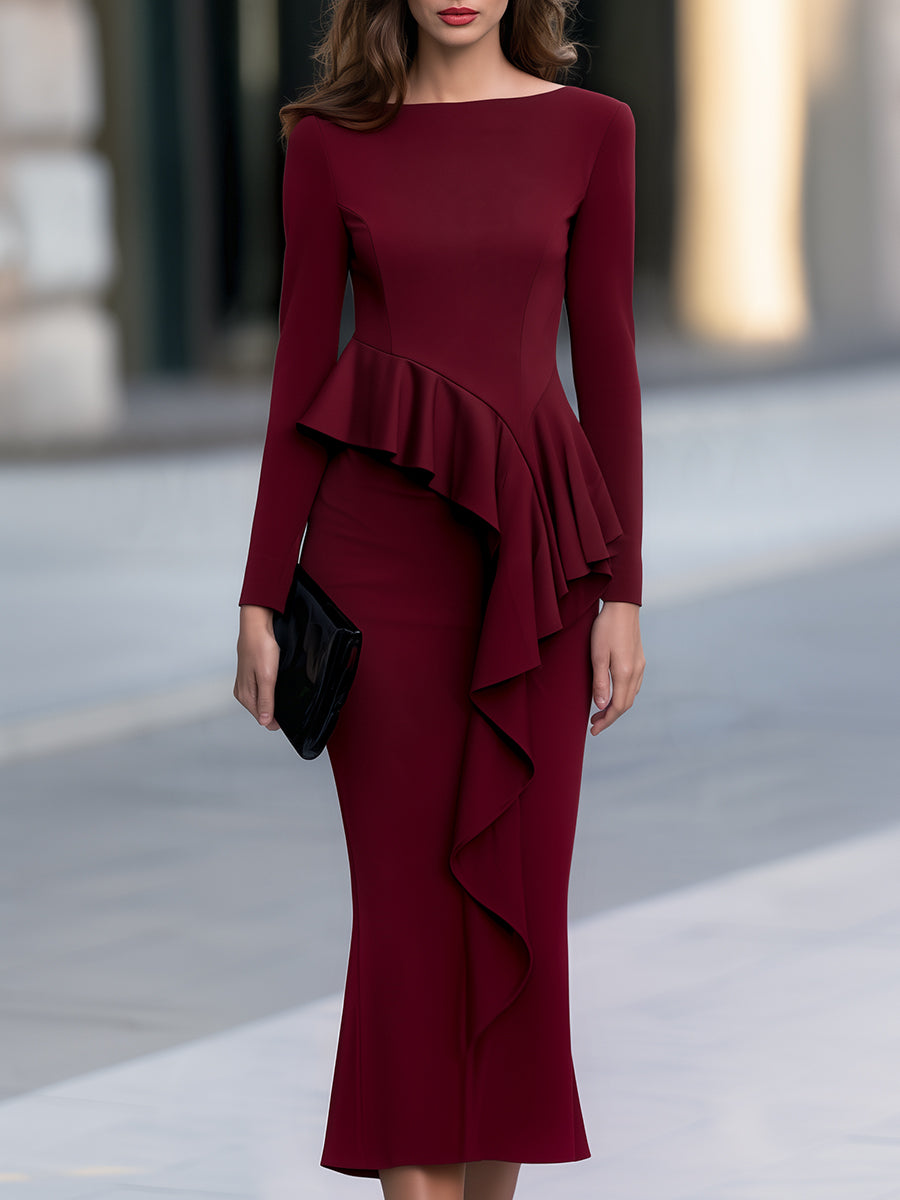 Asymmetric Ruffle Trim Long Sleeve Midi Dress