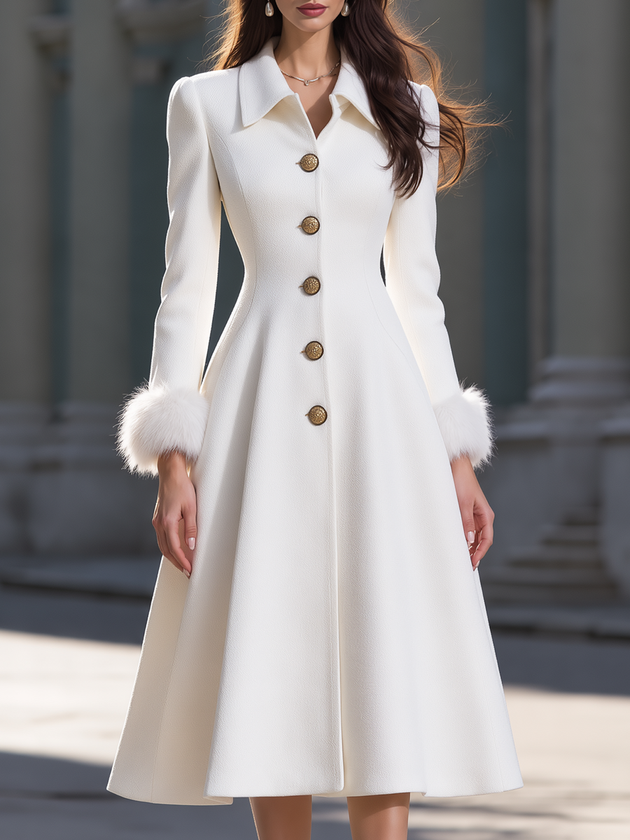 Elegant Faux Fur Cuff Single Breasted Wool Blend Midi Coat