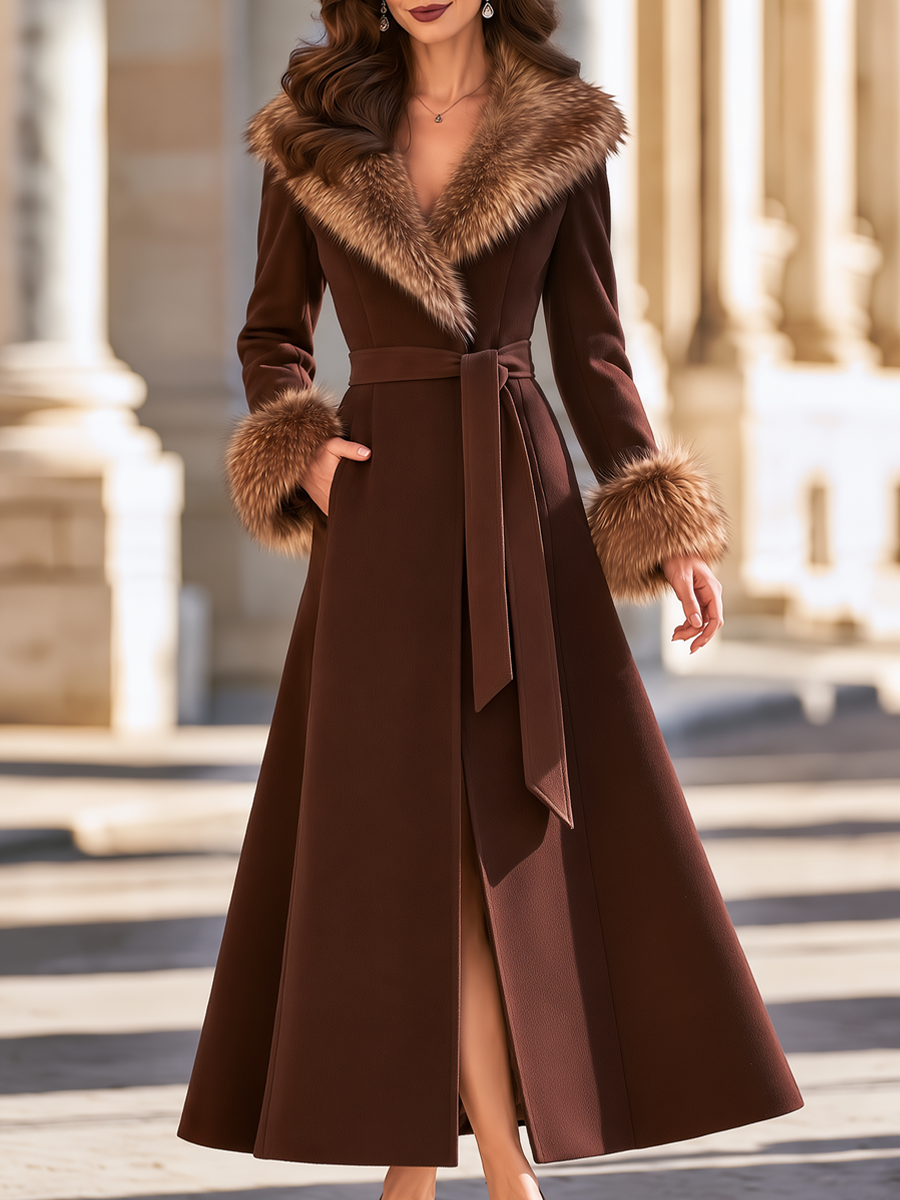 Detachable Fur Collar And Cuffs Tie Waist A-Line Coat