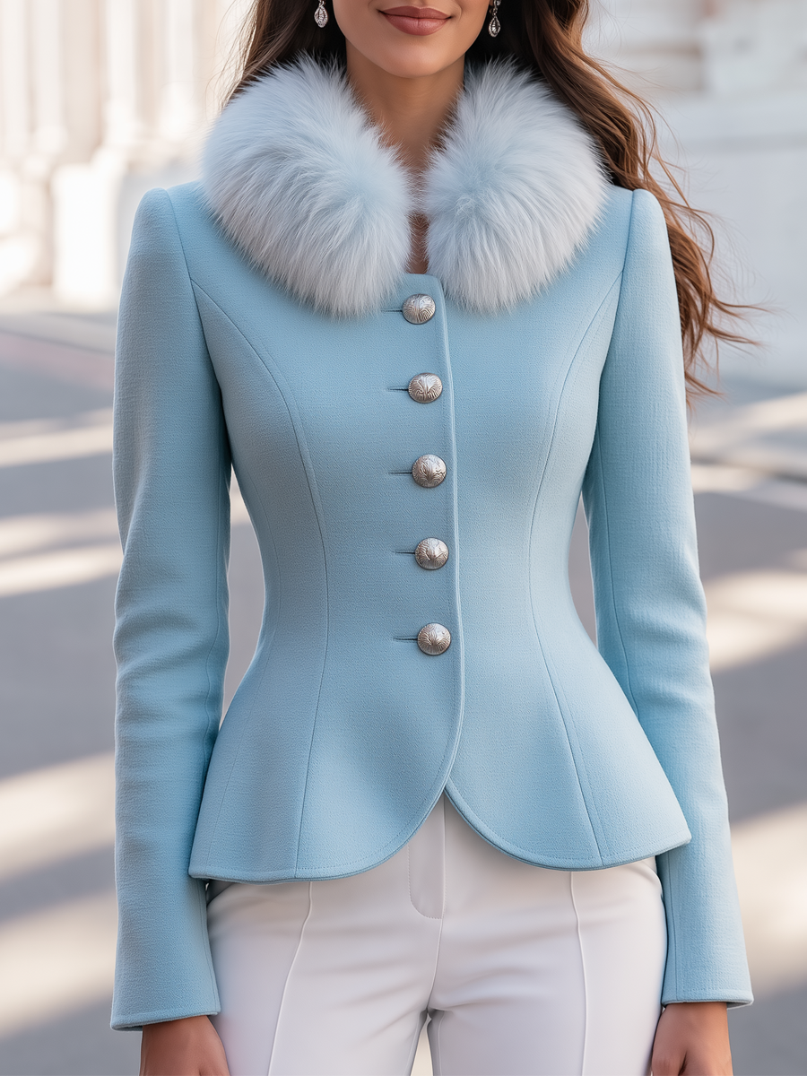 Elegant Removable Fur Collar Nipped Waist Tailored Jacket