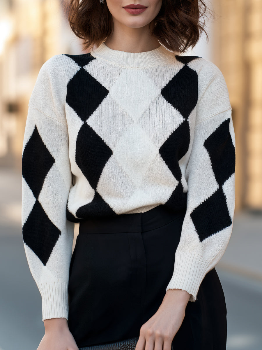 Argyle Diamond Pattern Crew Neck Knit Sweater