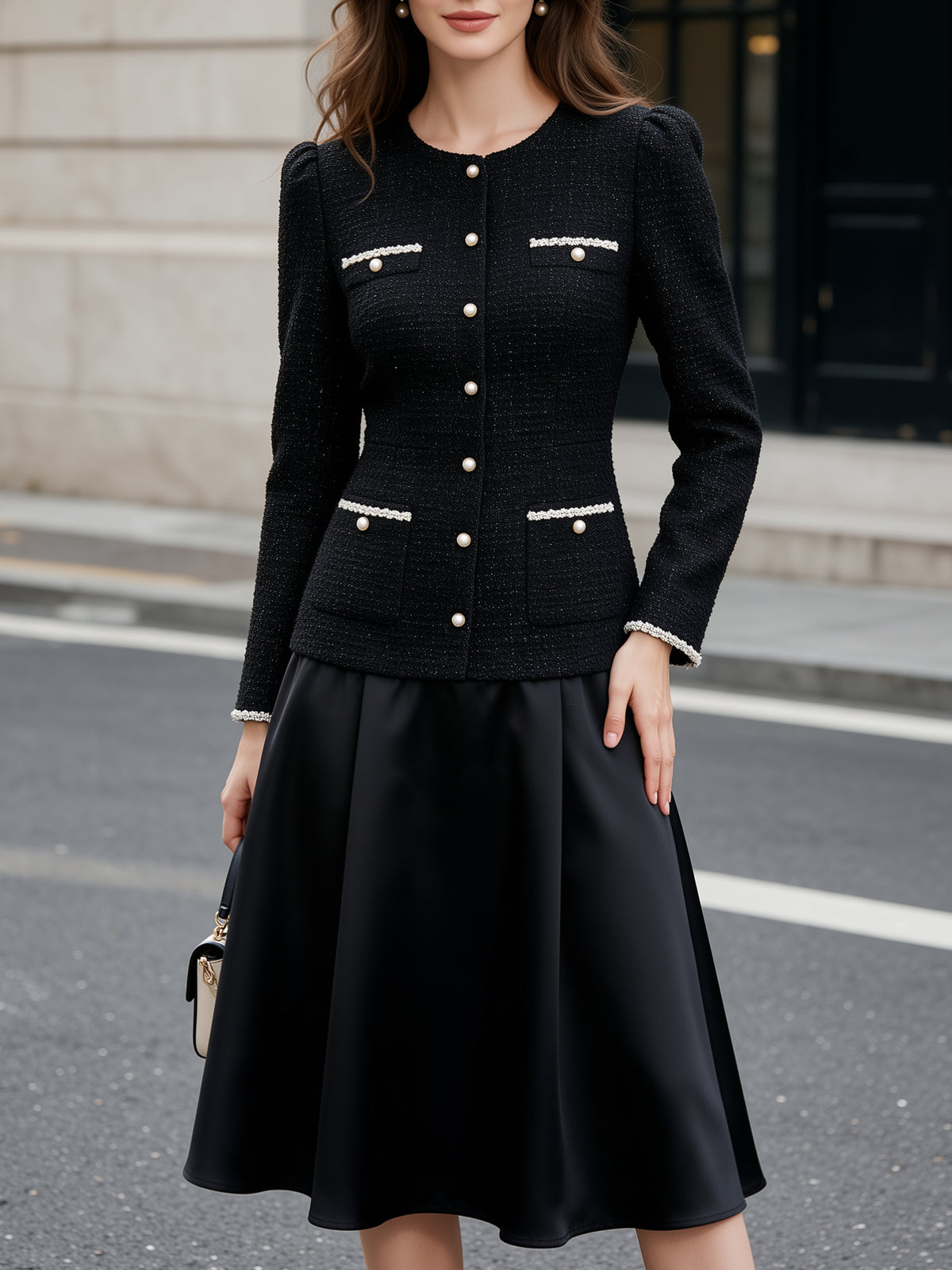 Pearl Button Tweed And Satin Panel Midi Dress