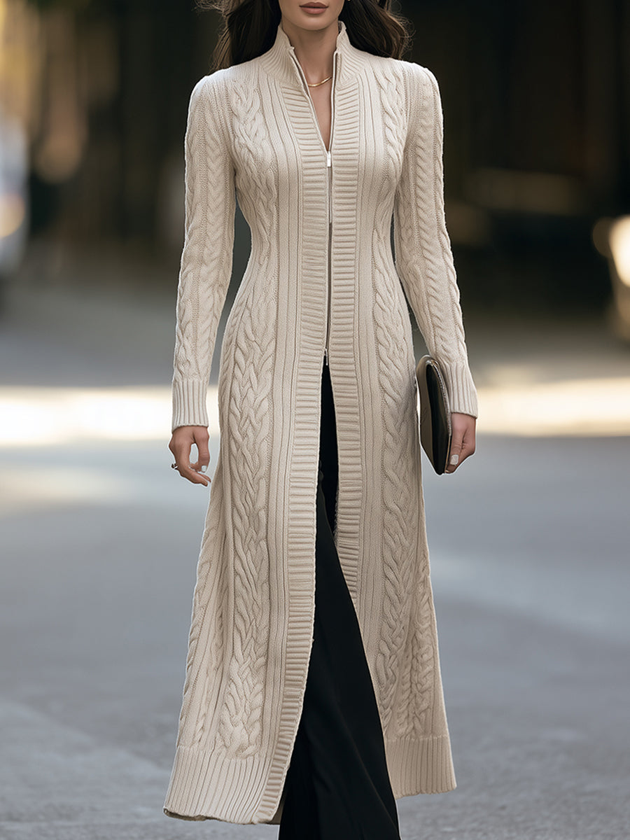 Cable-Knit High-Neck Two-Way Zipper Longline Cardigan Coat