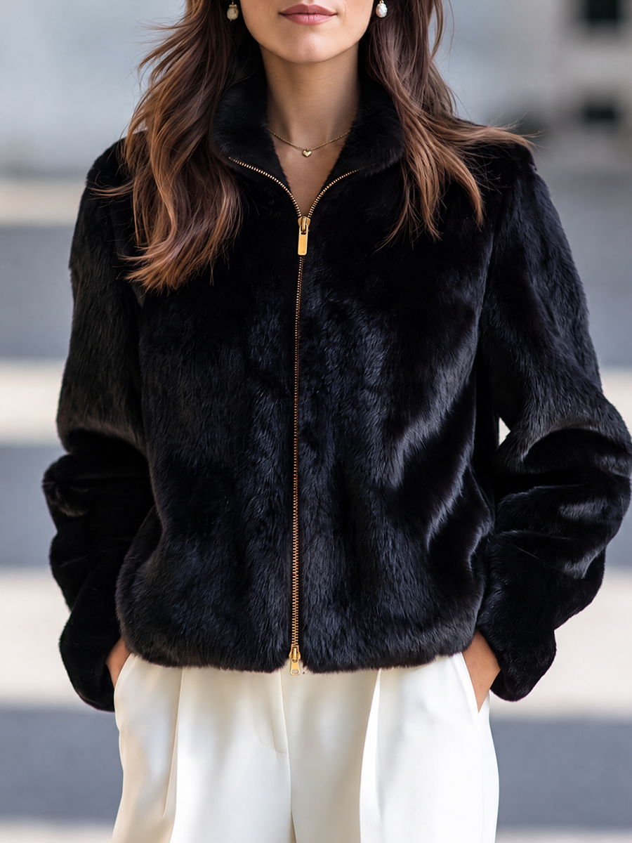 Stand Collar Faux Fur Gold Zip-Up Cropped Jacket