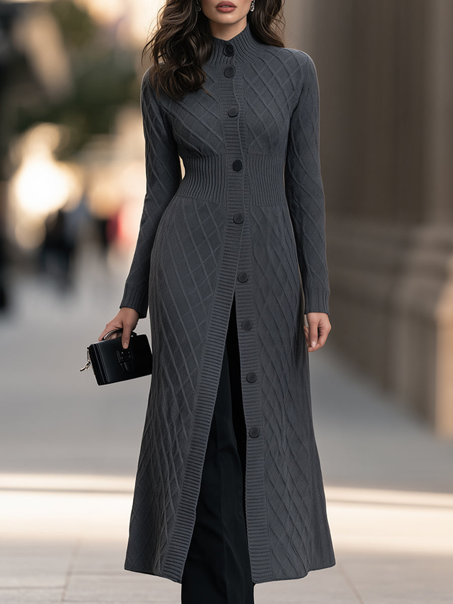 High-Neck Argyle Cable-Knit Button-Front Longline Cardigan Coat