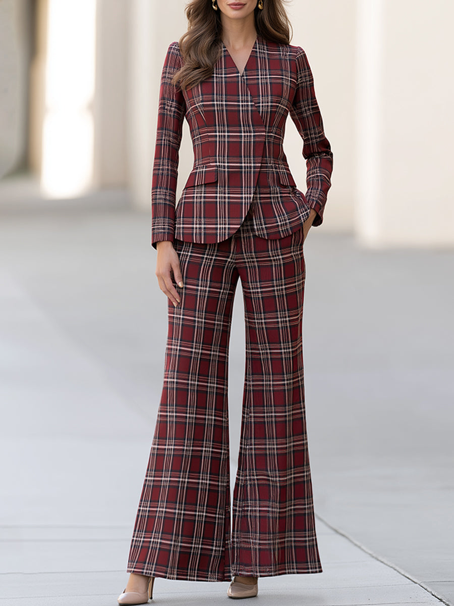Burgundy Plaid Tailored Peplum Blazer And Wide Leg Pants Set