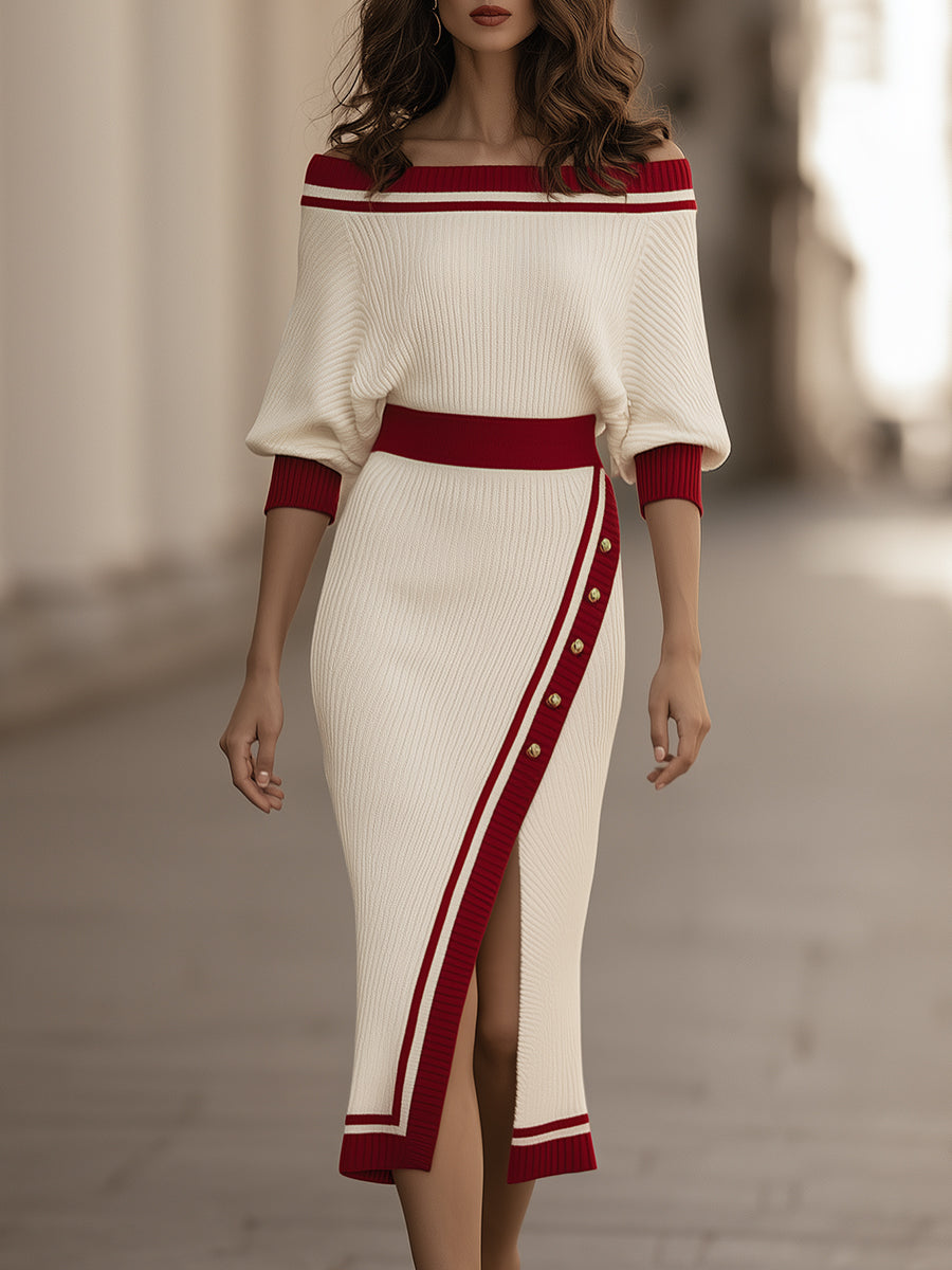 Contrast Trim Off-Shoulder Knit Midi Dress