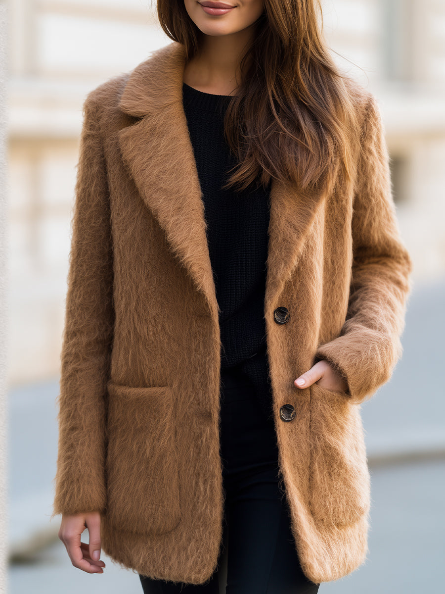 Notched Lapel Shaggy Fuzzy Wool‑Blend Short Blazer Coat