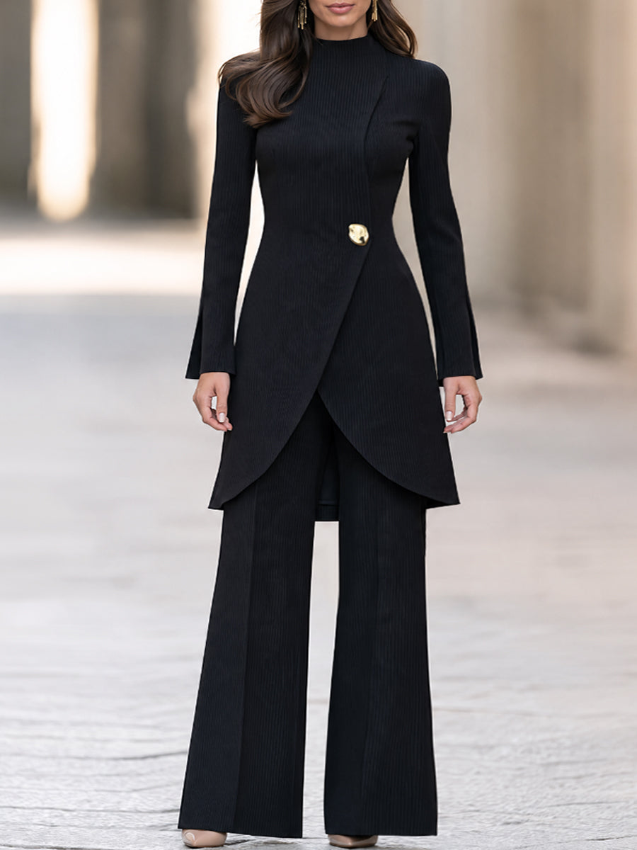 Women's Ribbed Knit Two-Piece Set - Mock Neck Wrap Tunic & Wide Leg Pants