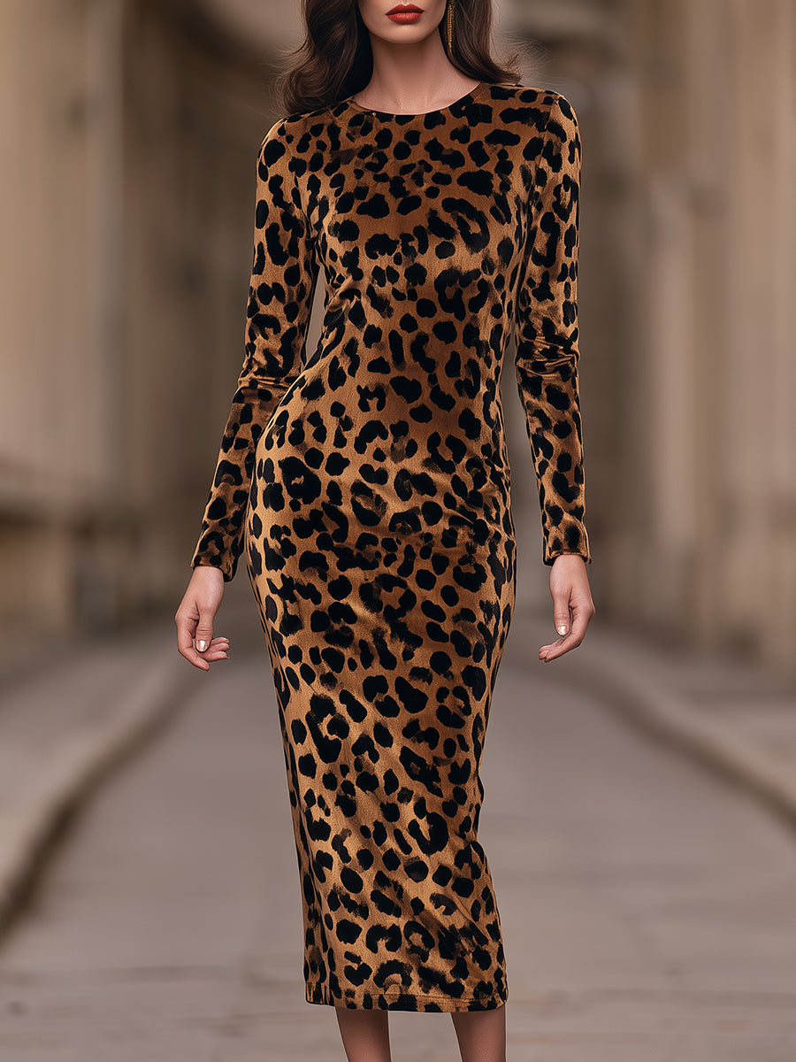 Leopard Print Long Sleeve Midi Dress