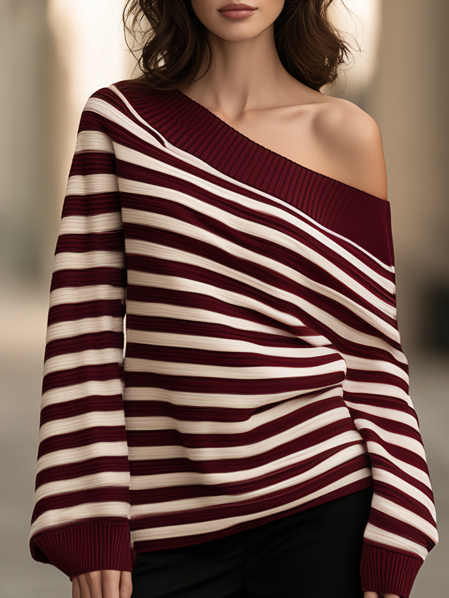 Off Shoulder Striped Ribbed Knit Sweater