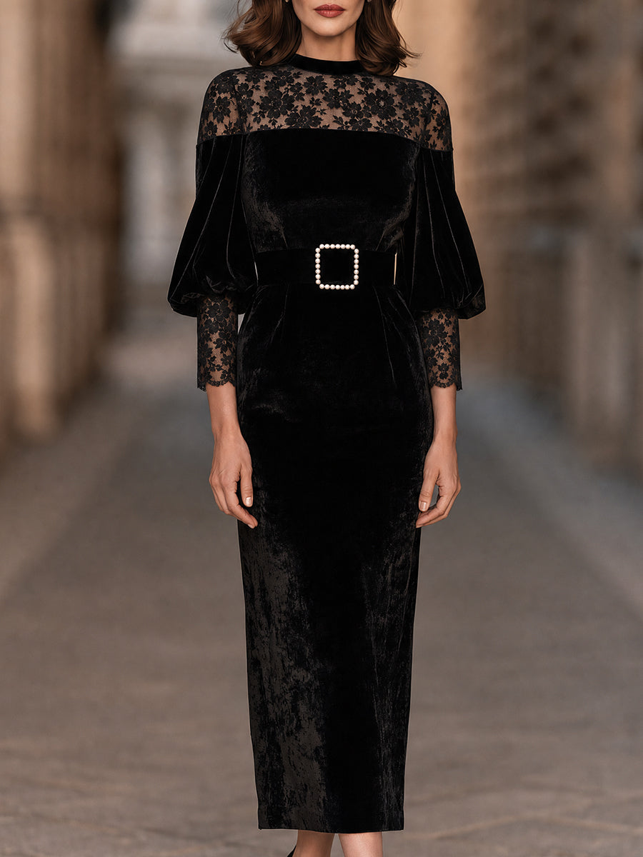Velvet Lace Panel Midi Dress With Pearl Buckle Belt