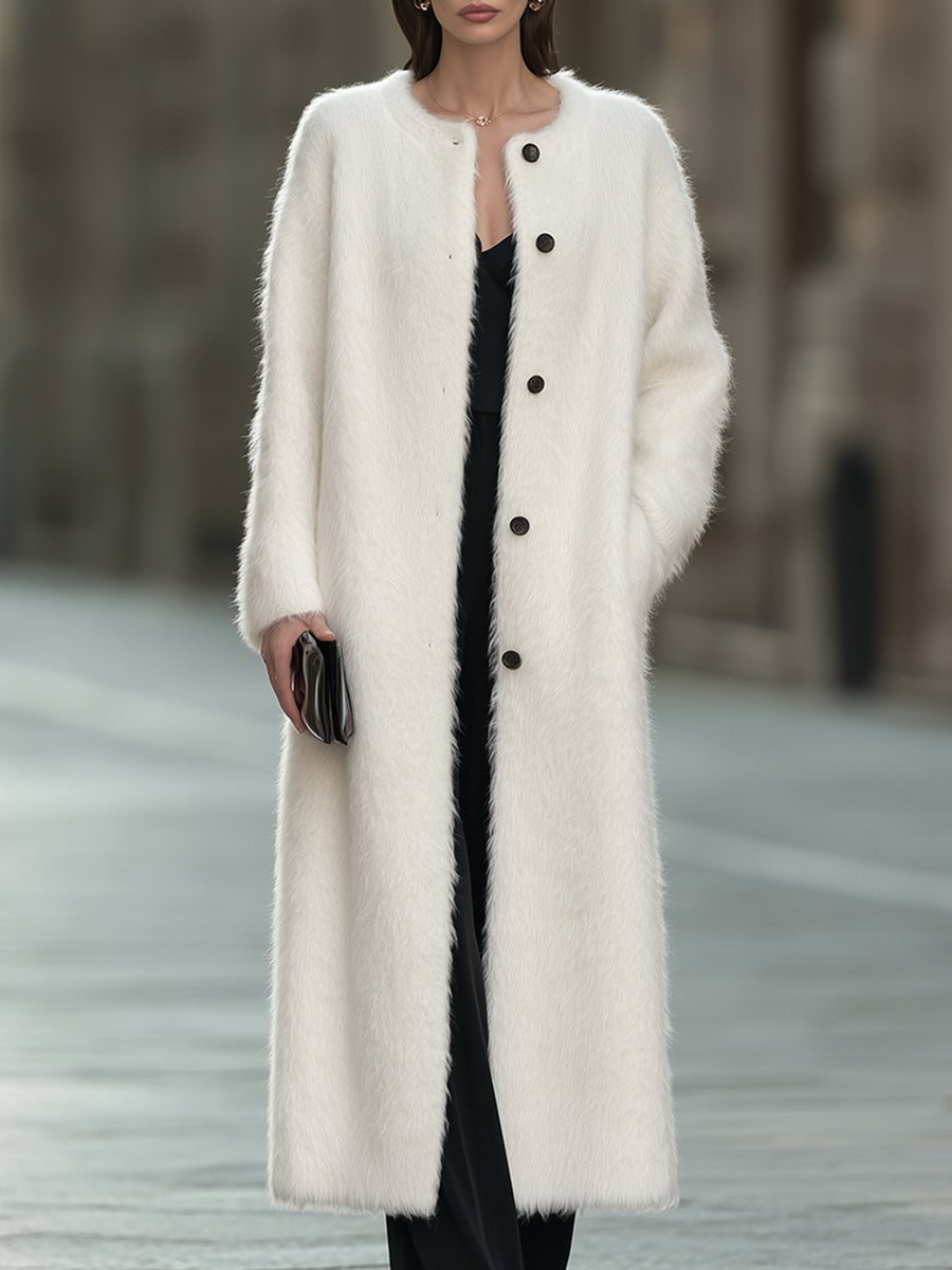 Plush Fluffy Knit Collarless Button-Front Longline Cardigan Coat