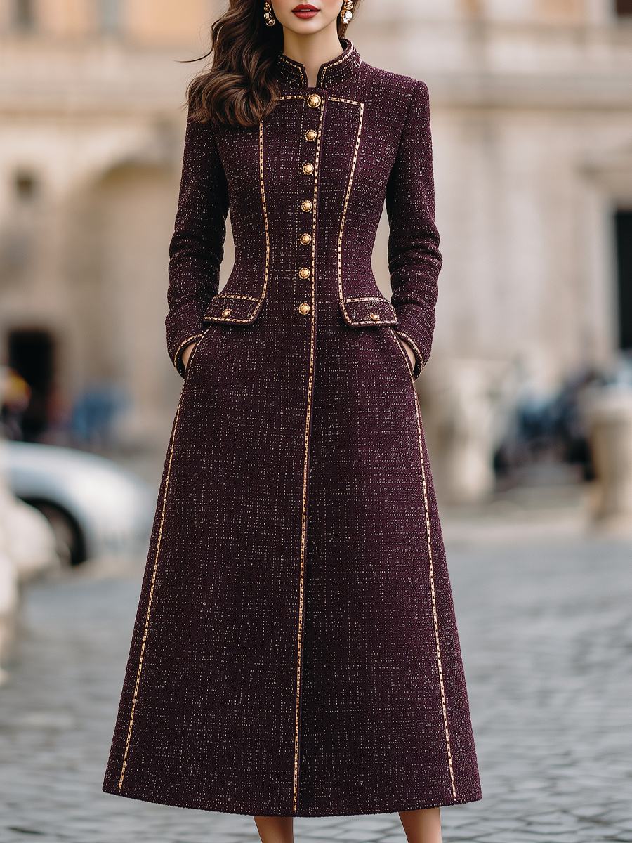 Burgundy Tweed Stand Collar Gold Trim Midi Coat
