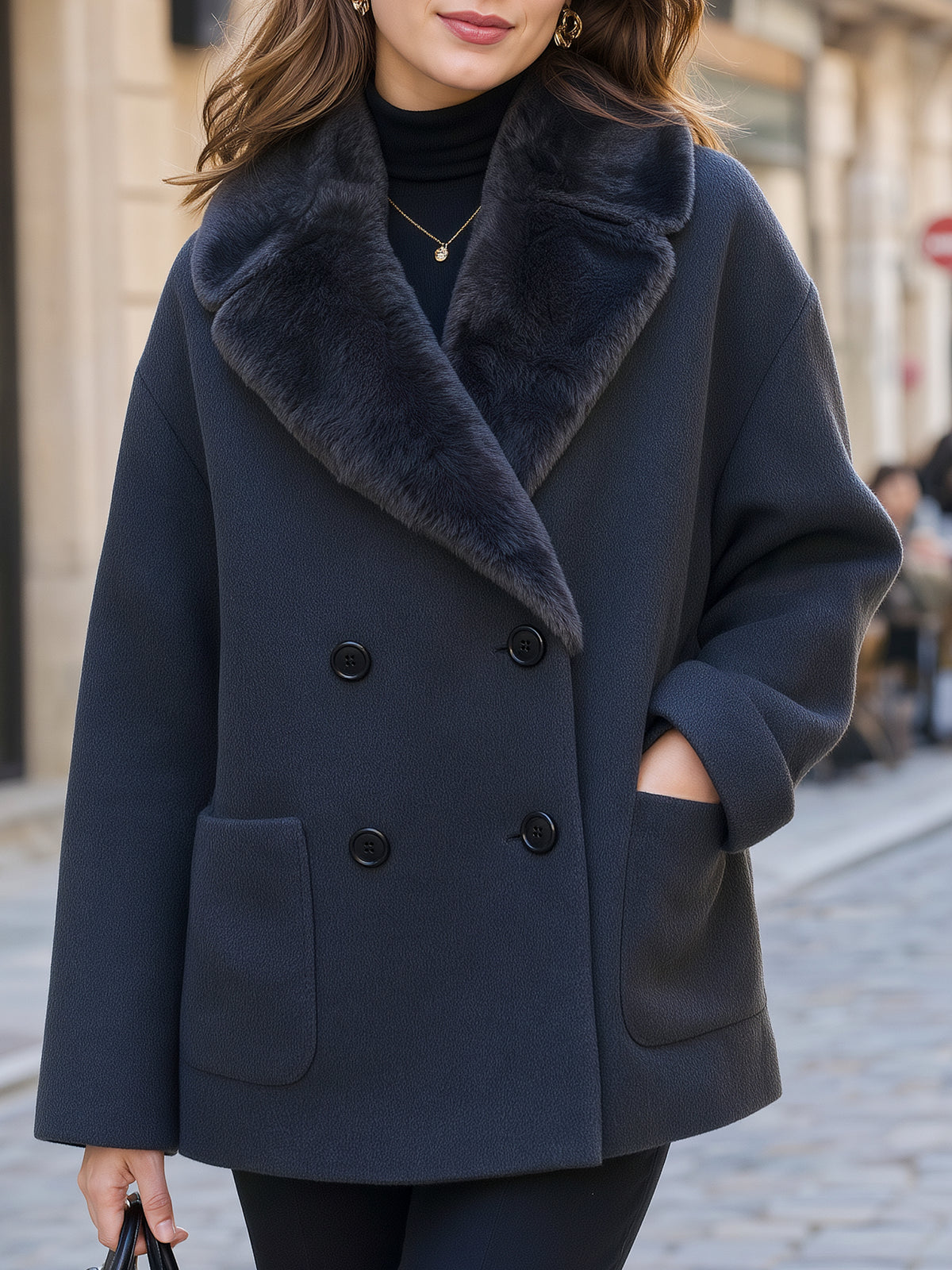 Faux Fur Collar Double-Breasted Short Wool Coat