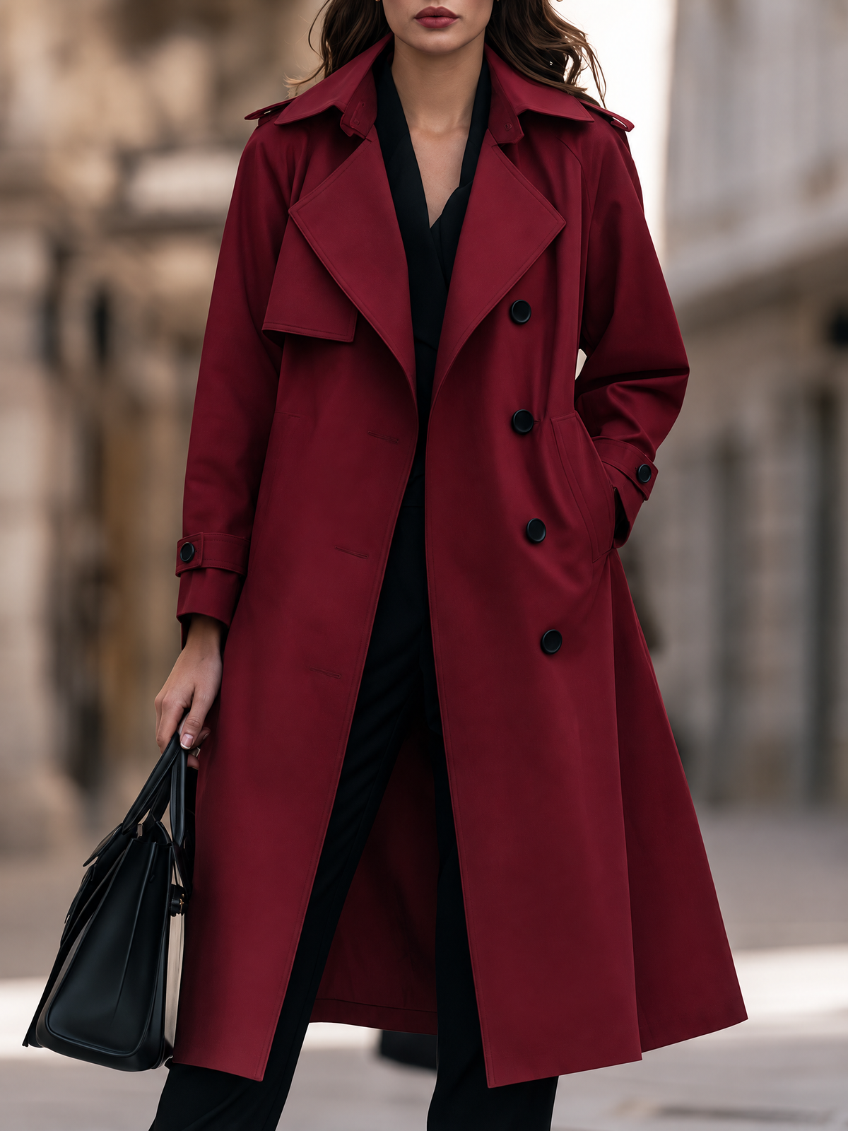 Double-Breasted Longline Trench Coat With Belted Cuffs