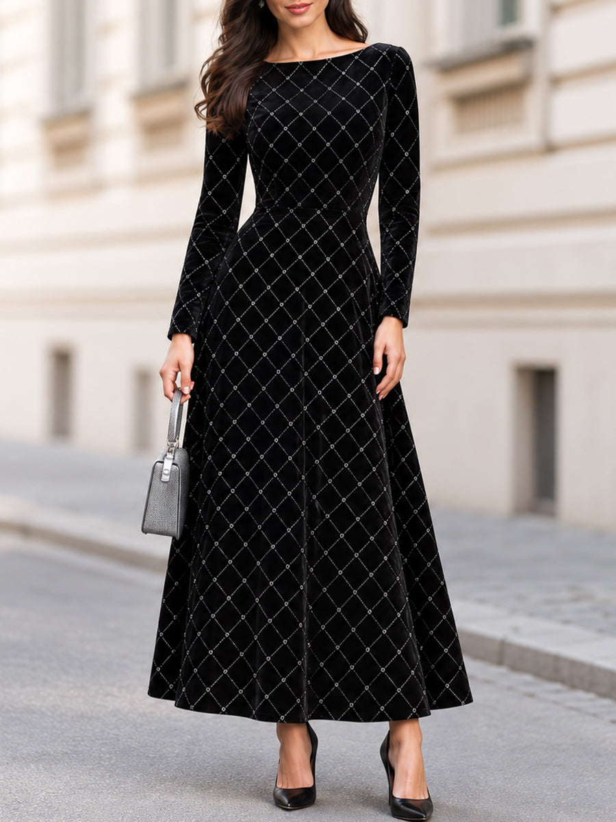 Black Velvet Boat Neck Long Sleeve Maxi Dress