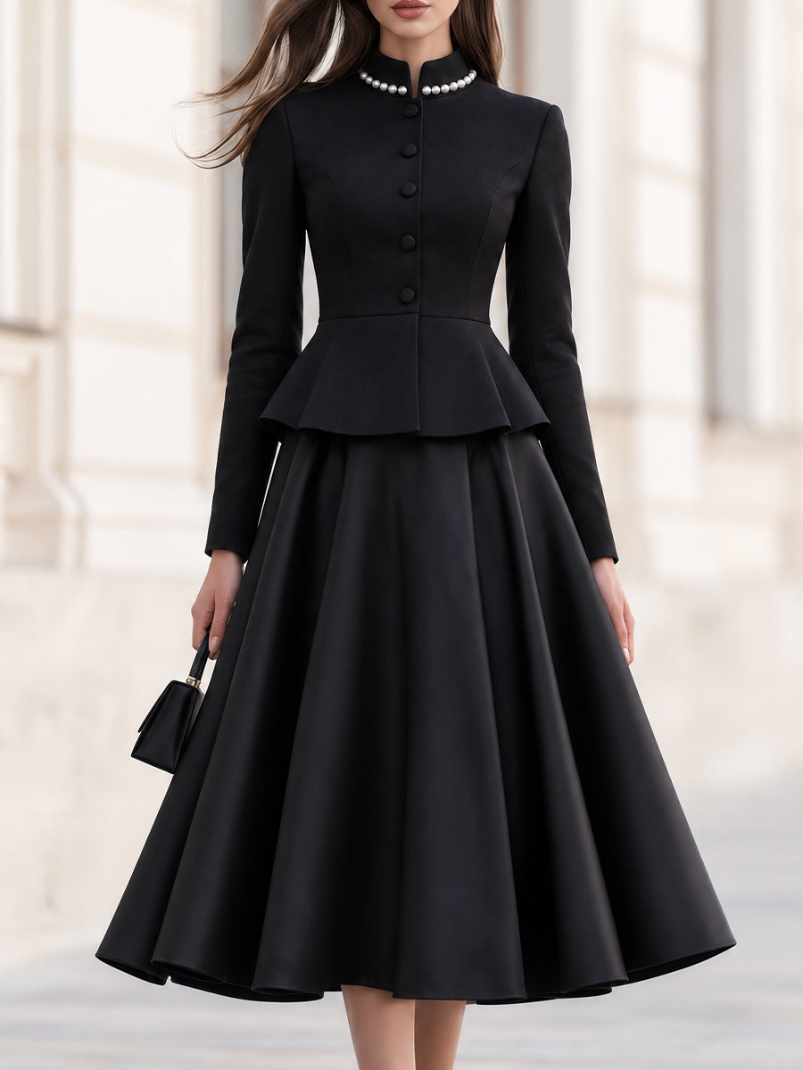 Pearl‑Trim Stand Collar Peplum Two‑Piece Midi Skirt Set