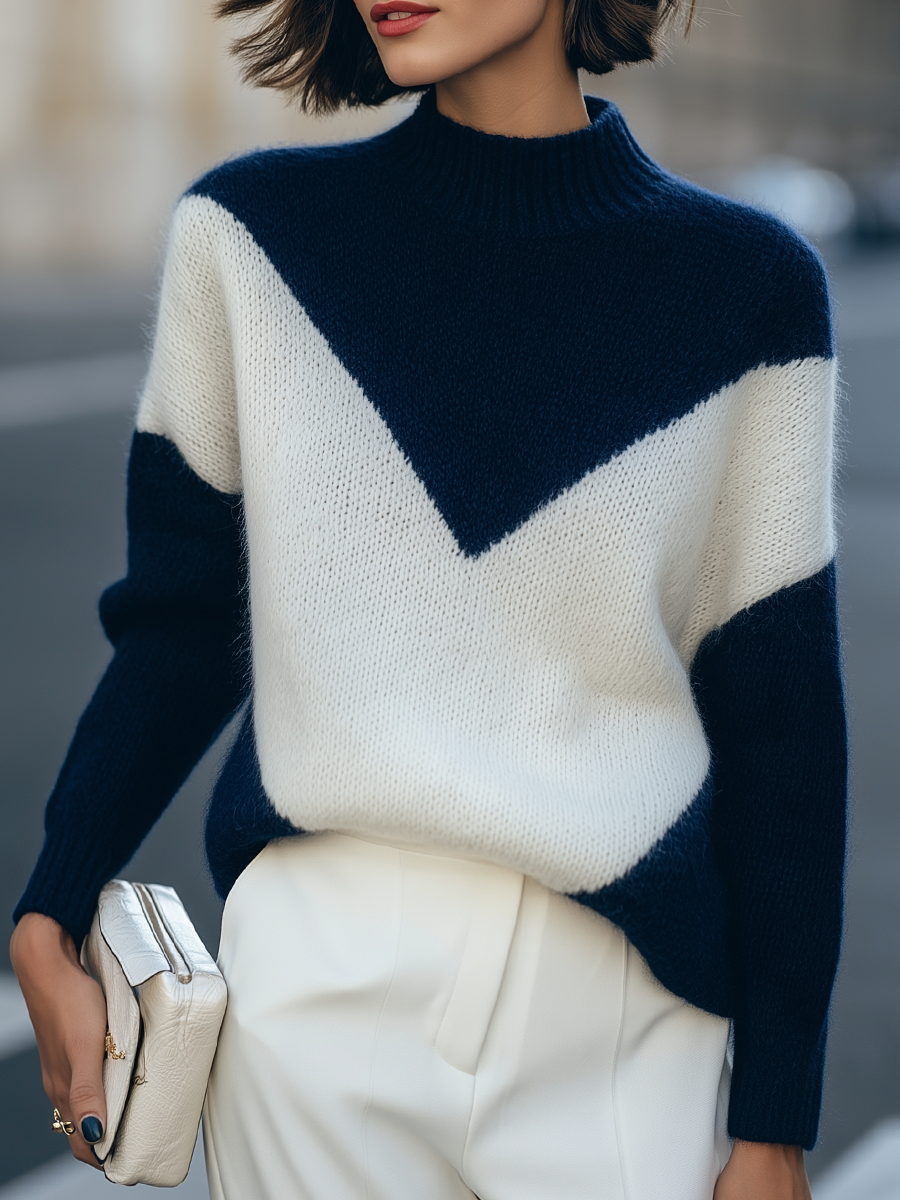 Mock Neck Chevron Color Block Fuzzy Knit Relaxed Sweater