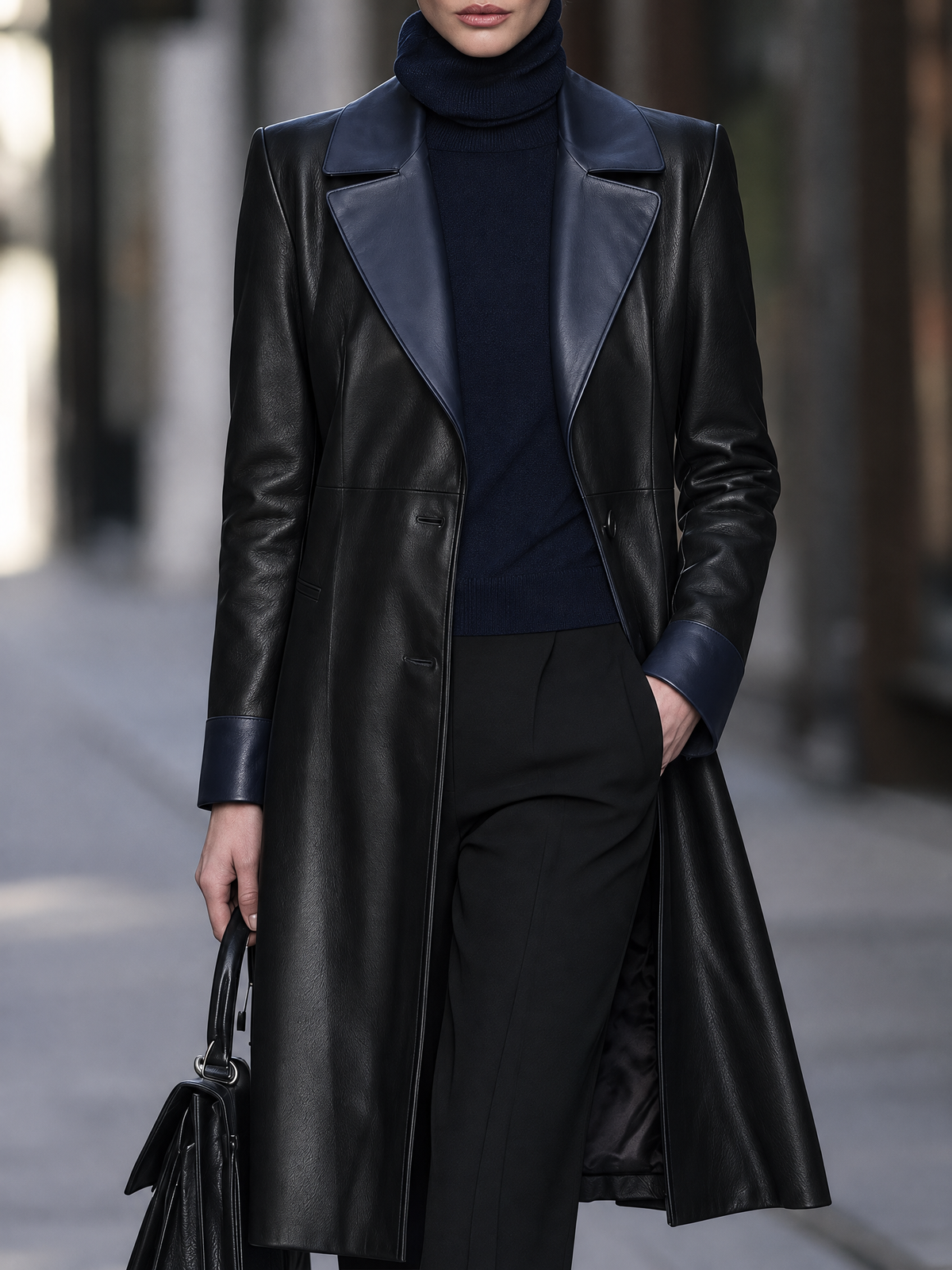 Contrast Lapel Longline Faux Leather Trench Coat With Buttoned Front