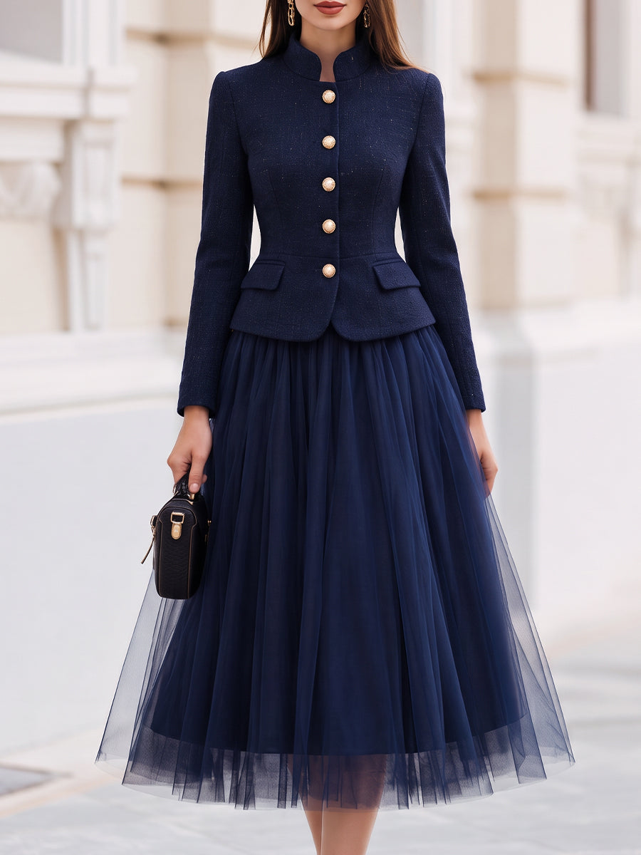 Tweed Stand‑Collar Peplum Jacket And Tulle Midi Skirt Two‑Piece Set